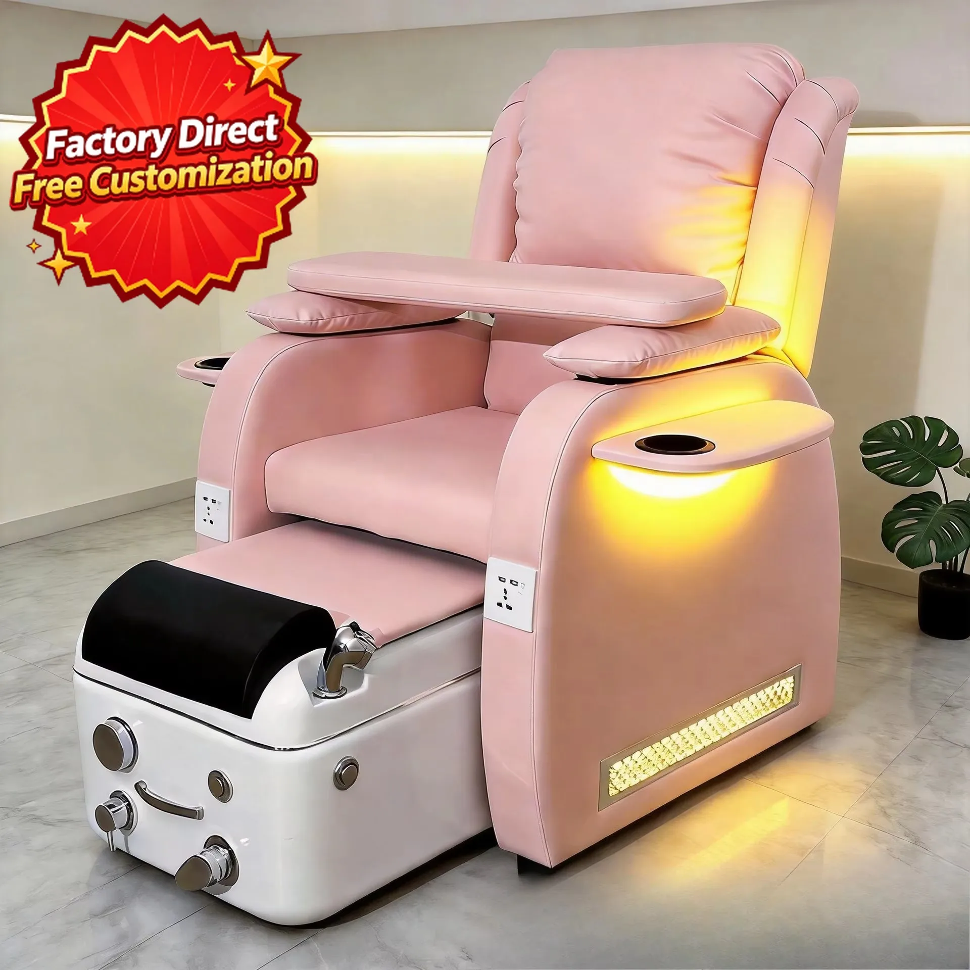 Electric Pedicure Chair Reclining Foot Spa Bath LED Light USB Charging Cup Holder Mobile Chair for Nail Salon