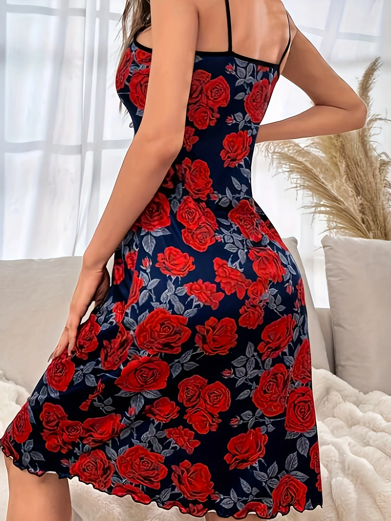 Summer ladies new full-printed flowers printed logo sexy wind wood ear milk silk in a long strappy nightdress can worn outside