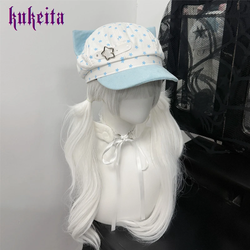 Kukrita Harajuku Y2K Blue White Star Cat Ear Hat Women Girls Japanese Style Kawaii Beret Hats Chic Streetwear Cute Newsboy Caps