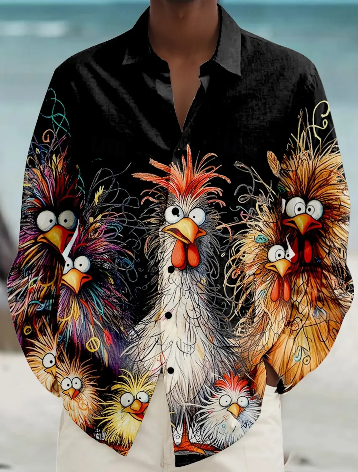 

Funny 3D Rooster Print Men's Long-sleeved shirt Hip Hop Trend Street y2k Clothes Fashion Lapel Loose Shirts Casual Cardigan Tops