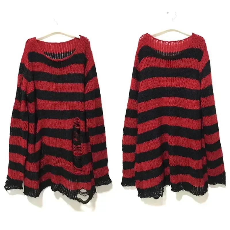 Autumn Women Punk Gothic Long Unisex  Sweater Striped Cool Hollow Out Hole Broken Jumper Loose Rock Thin Dark Streetwear Top