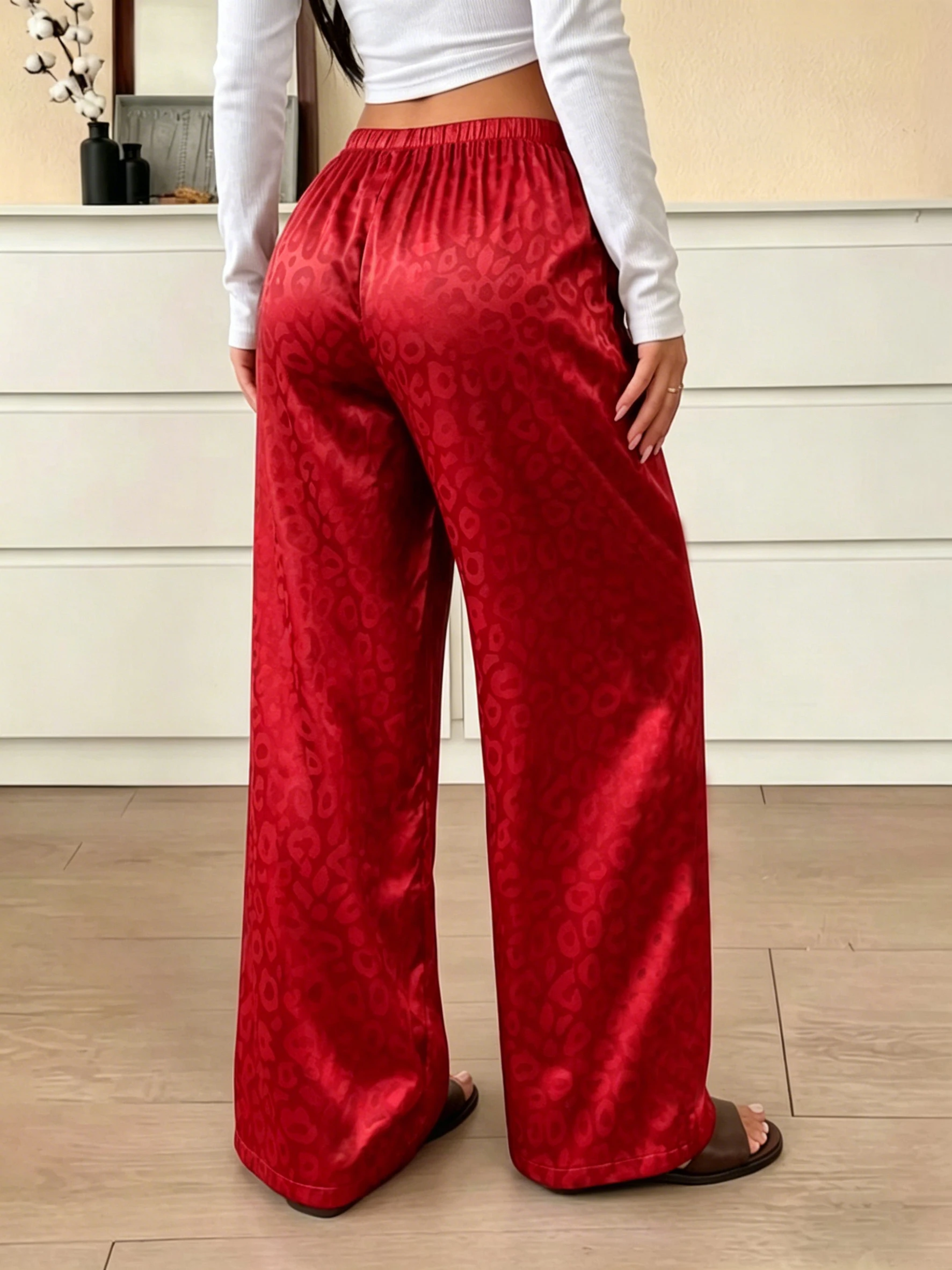 Women Satin Pajama Pants Red Leopard Jacquard Print Elastic Waist Loose Wide Leg Sleep Bottoms Ladies Casual Home Trousers