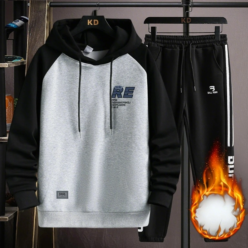 

Teen Boys Hoodie Outfit 2025 Fall Winter Sweatsuit Set American Streetwear Fleece Lined Hooded Sweatshirt with Straight Leg Pant