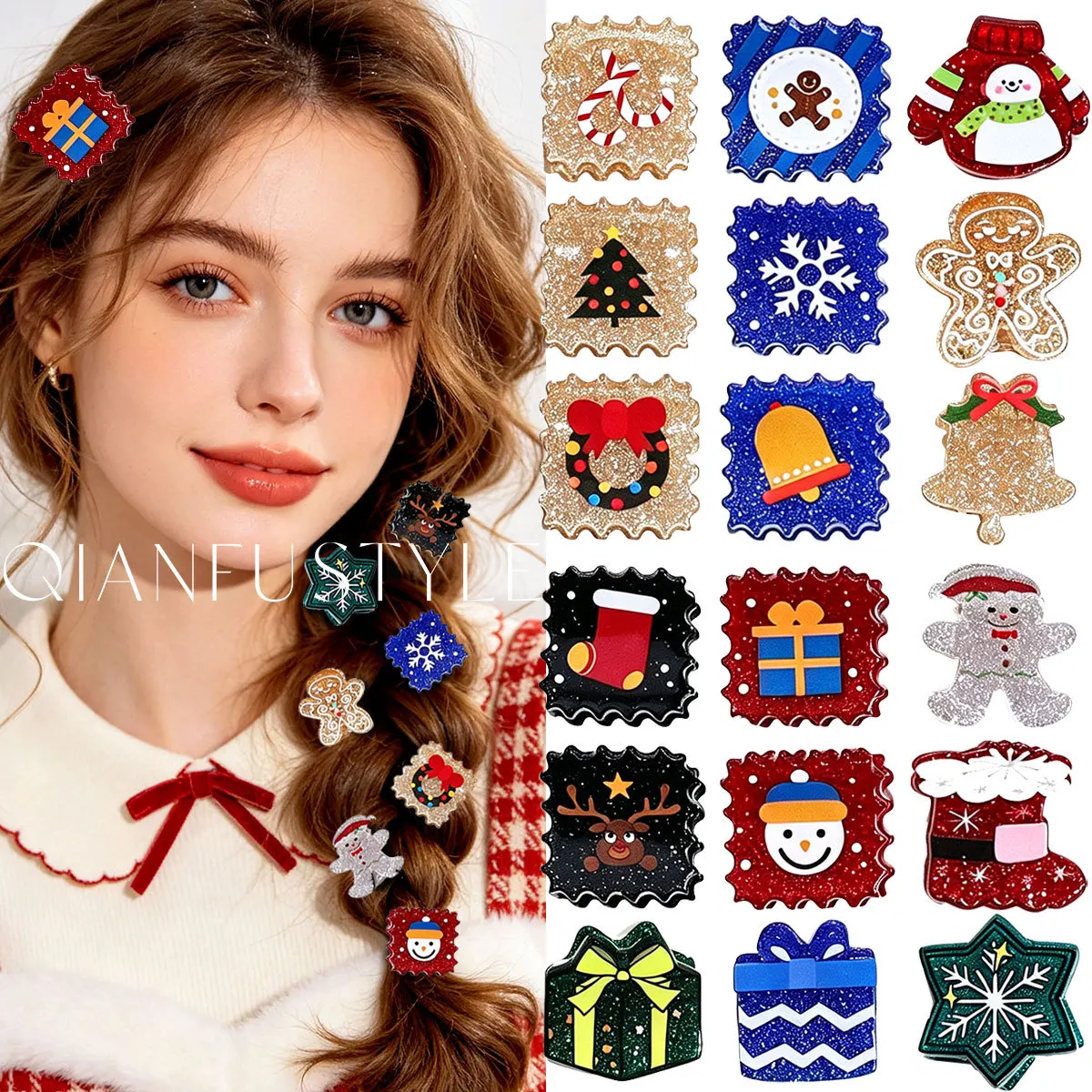 Christmas Glitter Acrylic Mini Hair Claw Snowflake Snowman Gingerbread Bell Gift Box Shark Clip Women Girls Xmas Party Holiday H