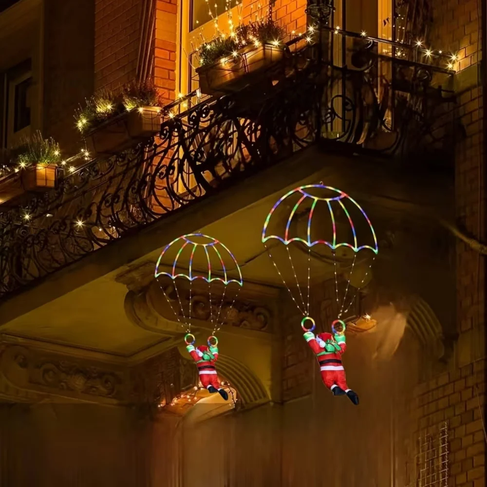 USB Christmas Santa Claus Parachute Hanging LED Lights 8 Modes Colorful Holiday Decoration Lamp for Window Patio Yard Home Decor
