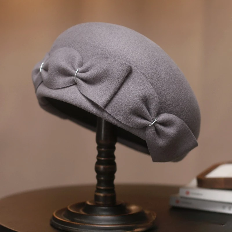 Herbst- und Winter-Baskenmütze aus reiner Wolle in Uni-Farben, elegante Schleife, Wollmütze im Retro-Stil, Kuppelform, Newsboy-Kappe für Damen – Detail 2