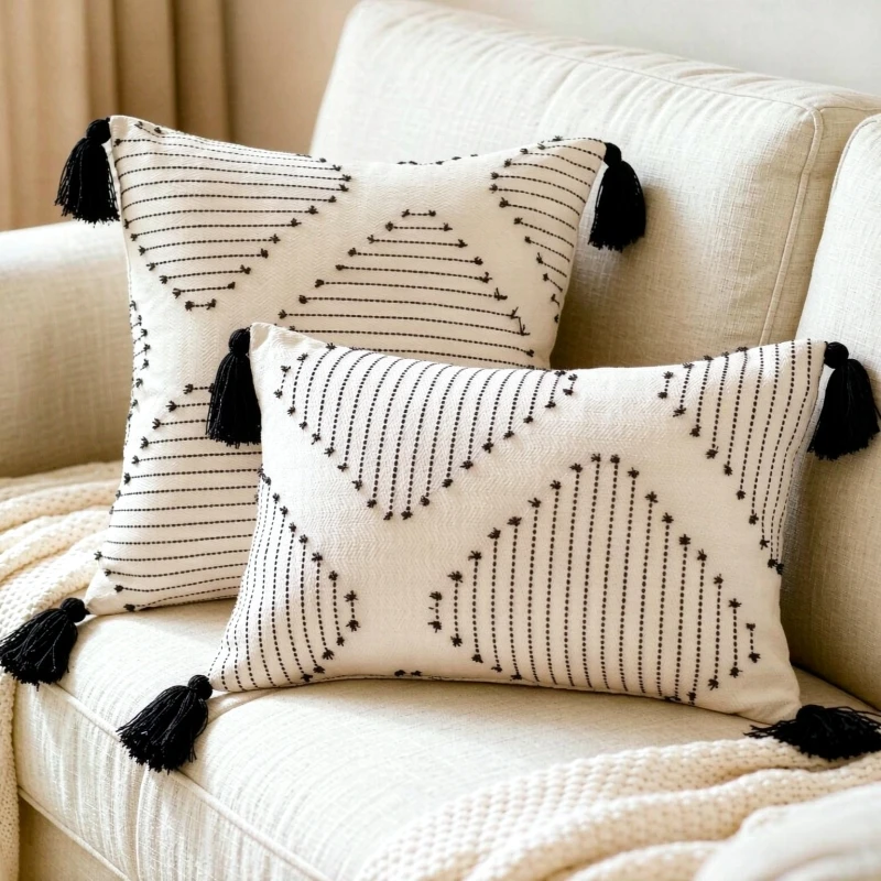 Decorative Cushions with Tassel for Home Sofa Chair Nordic Minimalist Throw Pillow Covers 30x50/45x45cm Black White Pillowcase