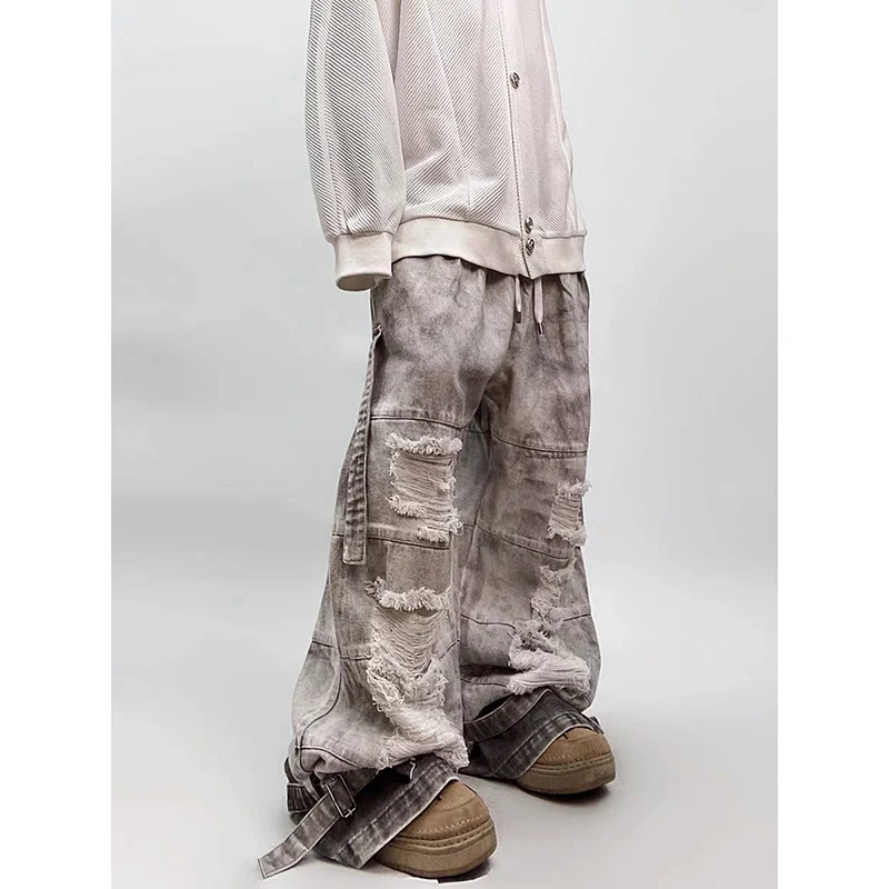 جينز رمادي ممزق عالي الخصر للرجال نمط الهيب هوب ملابس الشارع الشهير Y2K واسعة الساق جان 2000s بنطلون فضفاض من قماش الدنيم #1