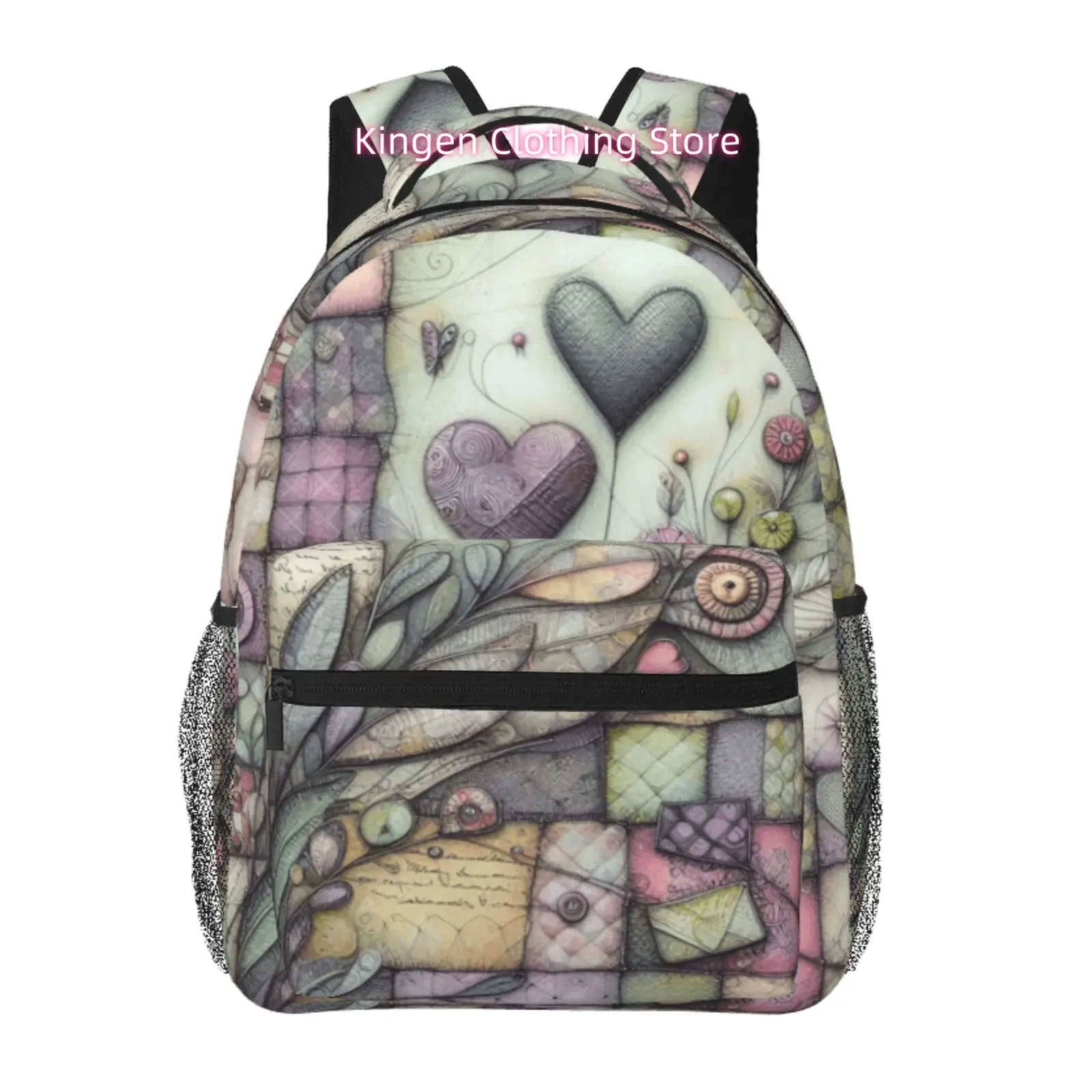 Vintage Patchwork Quilted Heart Leaf & Butterfly Grunge Print Backpack with Oxford Cloth Adjustable Strap - Lightweight Suitable
