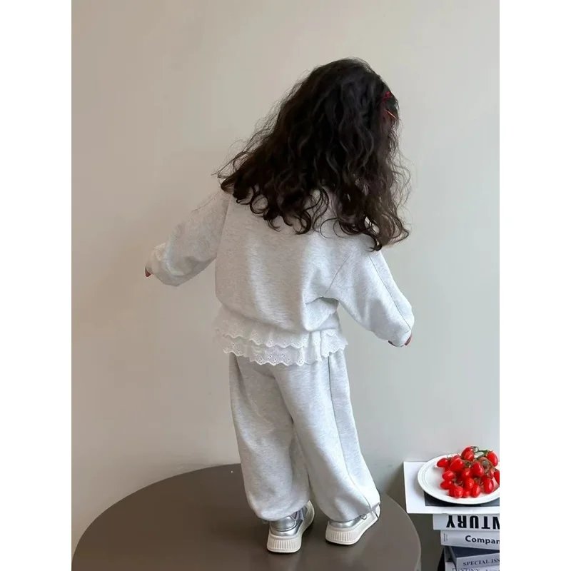 80-150CM 2025 Autumn Girls 2 Piece Sets Children Cotton Lace Long Sleeve Bow Sweatshirt Suit Kids Sports Loose Tracksuit Outfits