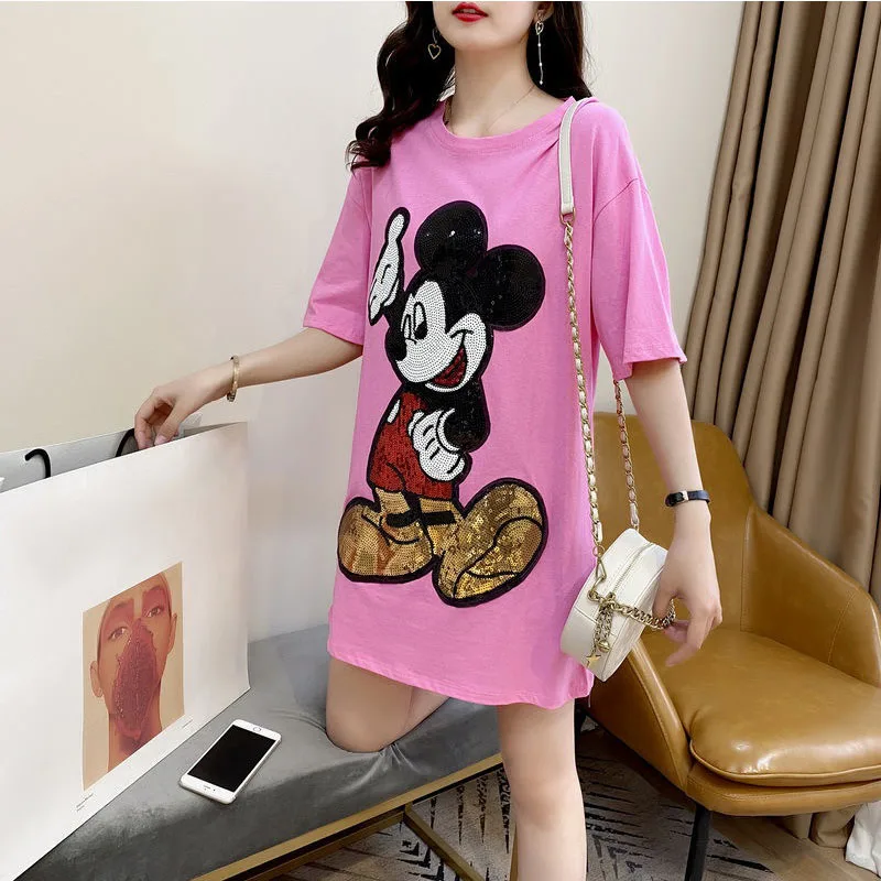 Mickey T Shirt Tops Women Short Sleeve Mid-Length Sequins Embroidery Kawaii T-Shirt Summer Korean Cartoon Loose Tee Top