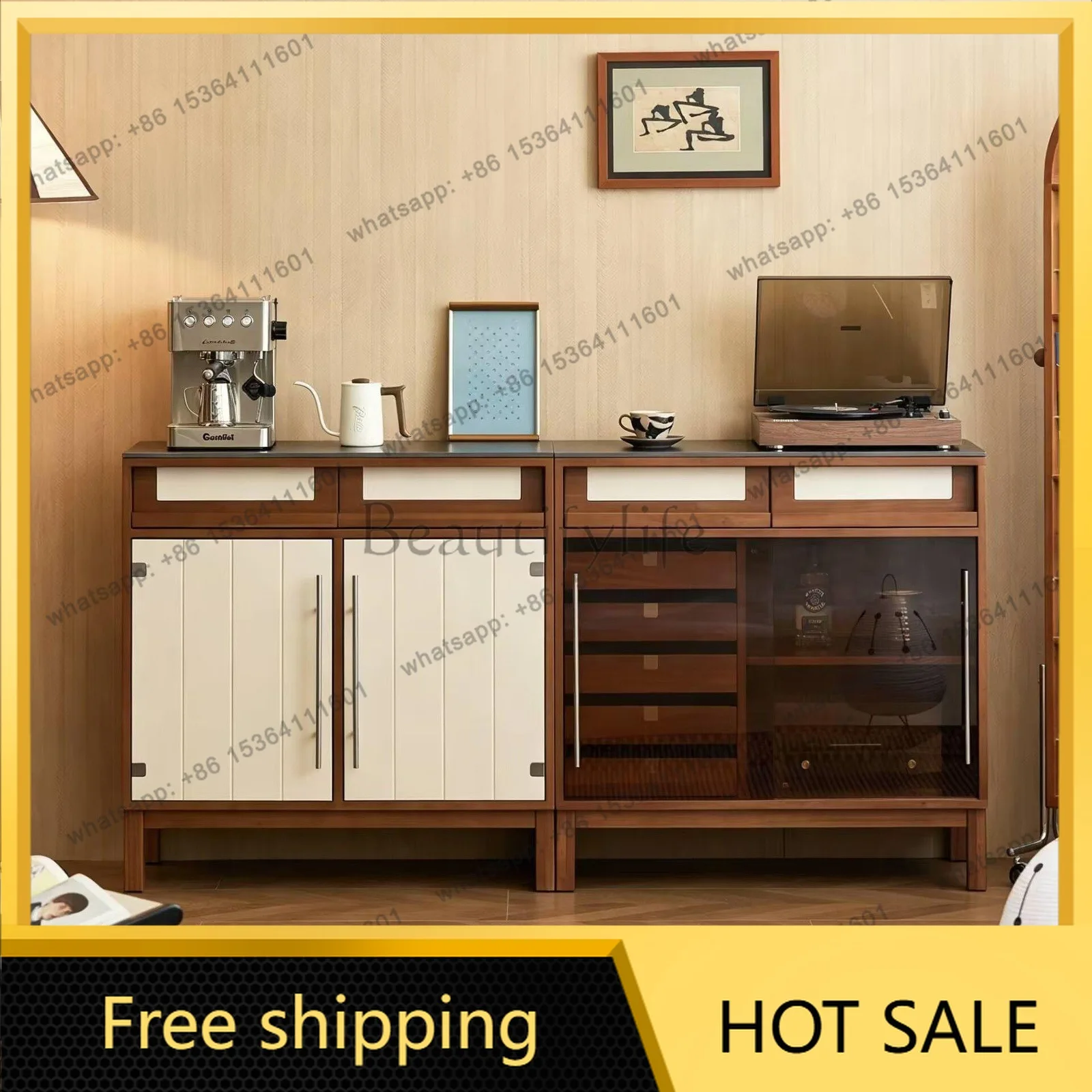 FG medieval solid wood dining side cabinet Bauhaus storage rock slab locker large capacity