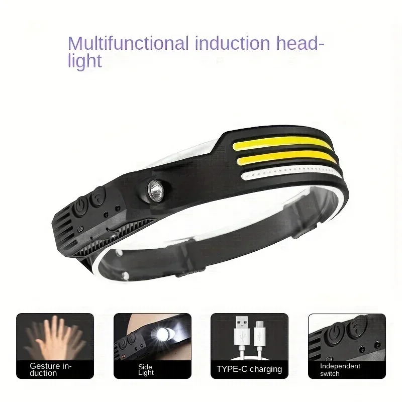 Induction LED Headlamp COB Wide Beam Wave Sensor Head Lamp With 5 Modes USB Rechargeable For Running Camping Portable Head Torch