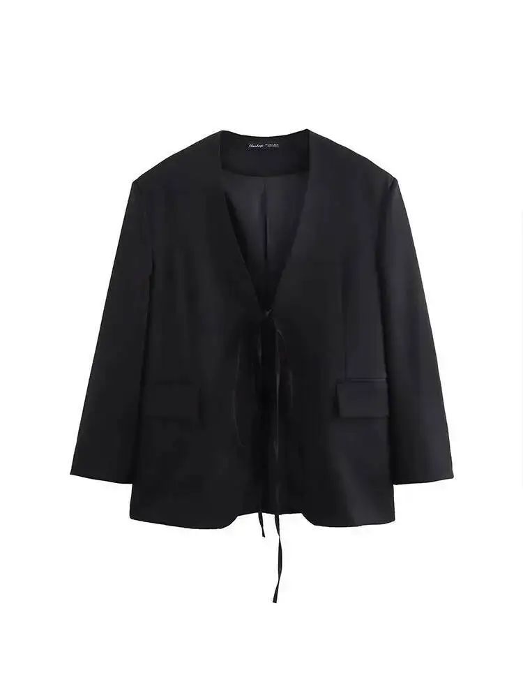 캐주얼 오버 사이즈 블랙 블레이저 여성 V 넥 보우 타이 포켓 루즈 자켓 패션 streetwear 여성 아웃웨어 MS7Q