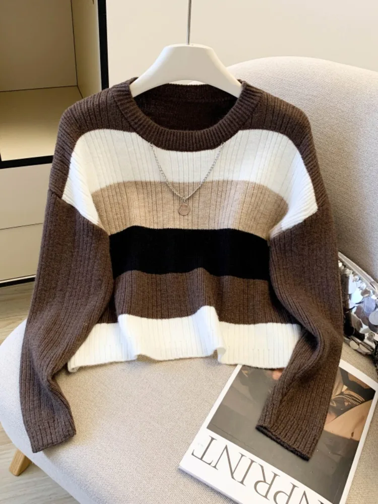 Damen Camere Gestreifte Strickwaren rund Ne Loose Fit Herbst Winter Pullover Weiche Mokka Farbe Pendeln Sle Long Sve Top