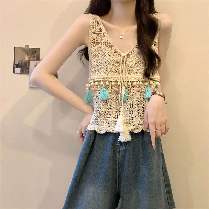 

Folk Hook Flower Hollow Camis Female Clothing Fashion Tassel Drawstring Vintage Summer V-Neck Casual Sleeveless Knitted Tanks