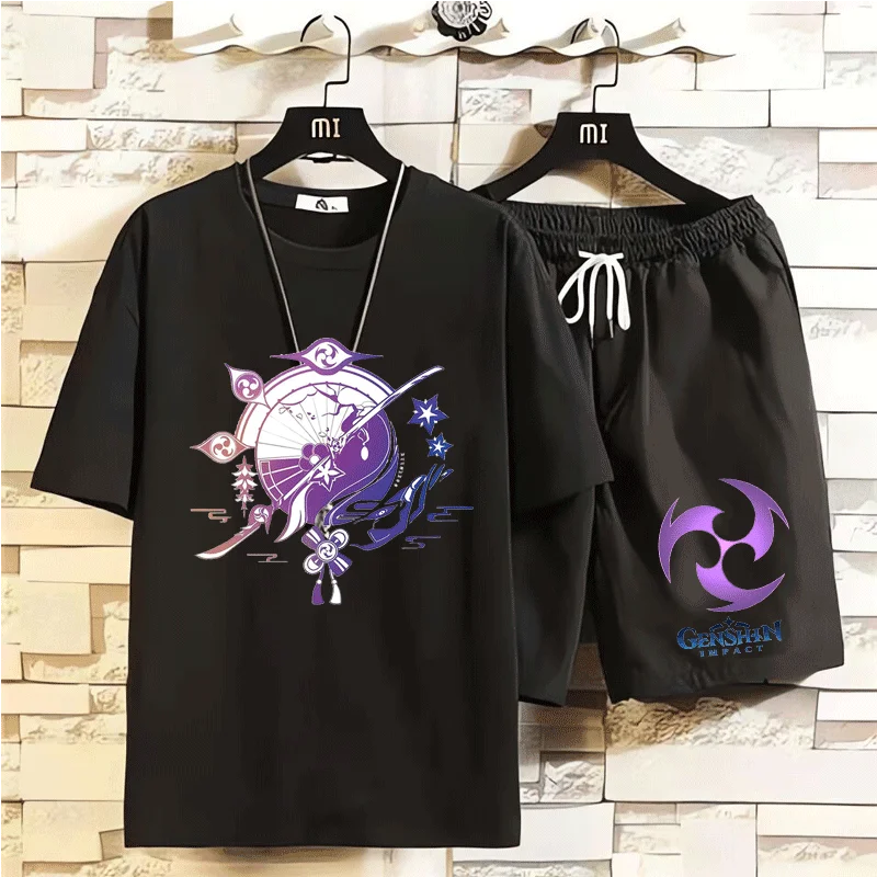 Genshin - تي شيرت بأكمام قصيرة وشورت للشاطئ مع طباعة تأثير ثلاثية الأبعاد، طقم مكون من قطعتين، بدلة تنكرية من Anime Xiao Yelan Aether