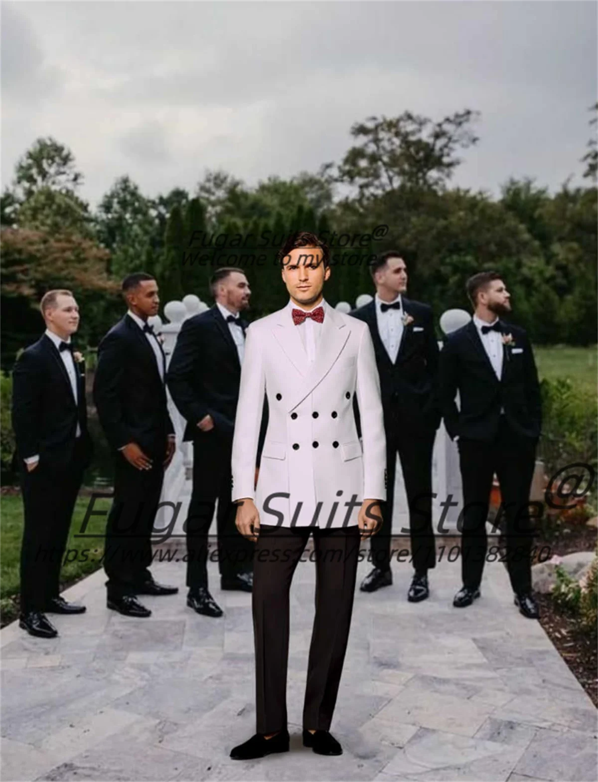 Customized Fashion White Latest Design Three row buckle Men Suits Slim Fit Peak Lapel Groom Tuxedos 2 Pcs Sets Prom Roap Hombre