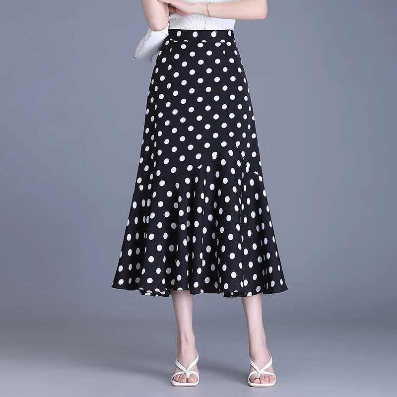 

Summer Thin Dot A-Line Skirt Women's High Waist Long Fi Tail Gown Draped Sle Korean Version Polyester Fiber Zipper Closure