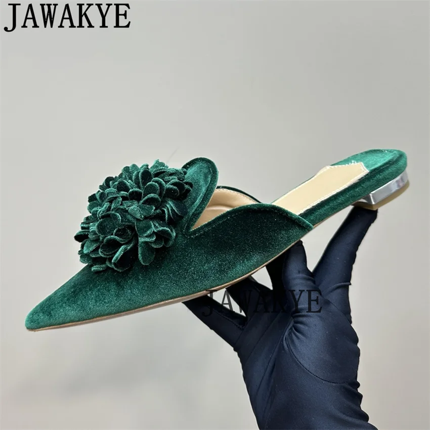 JAWAKYE Classic Tassel Petals Pointy Toe Flat Slippers for Women Velvet Mules Slippers Summer Banquet Holiday Dress Party Shoes