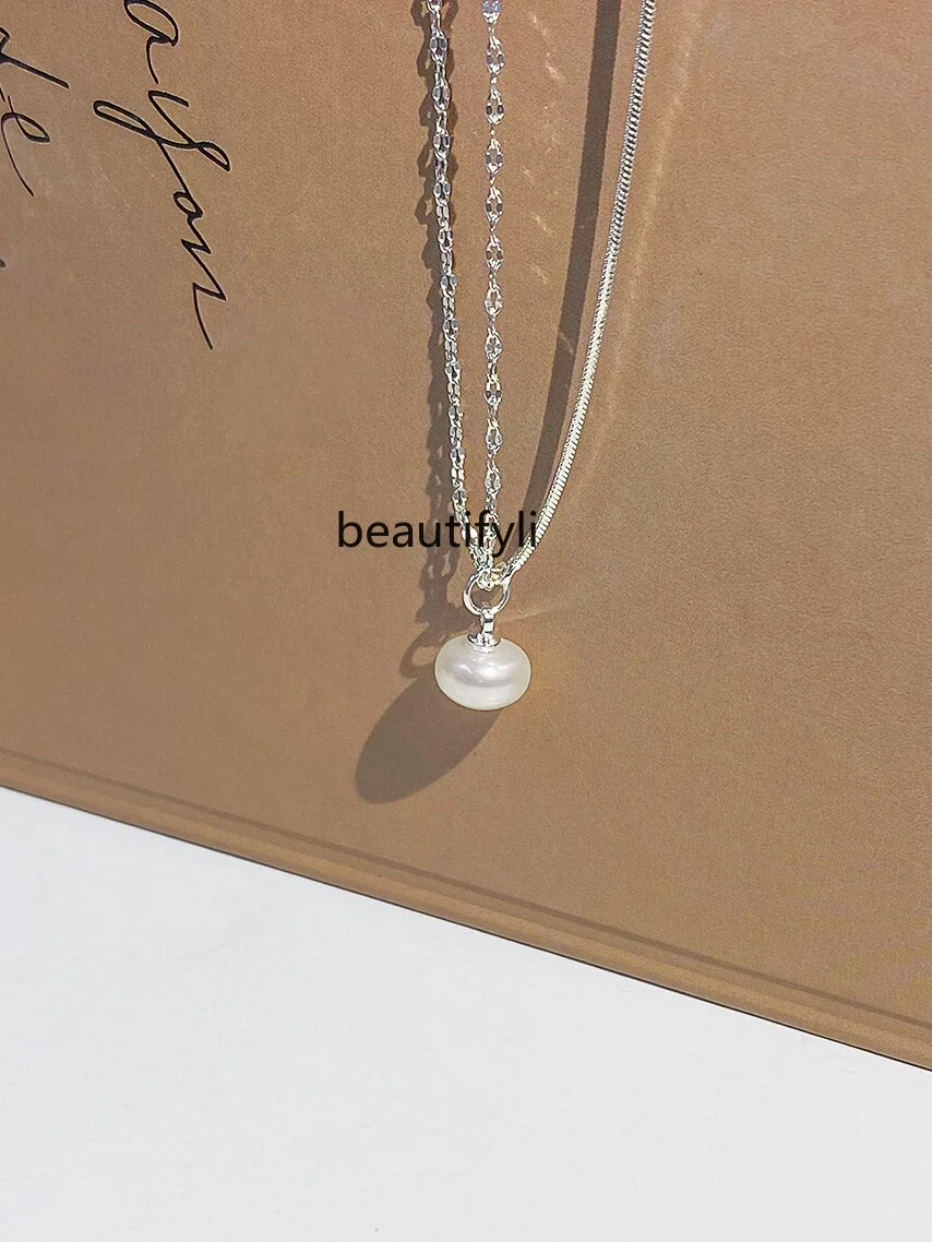 Light Luxury Minority Silver Stitching Freshwater Pearl Fashion Necklace for Women Ins Versatile Simple High-Grade ClavicleChain