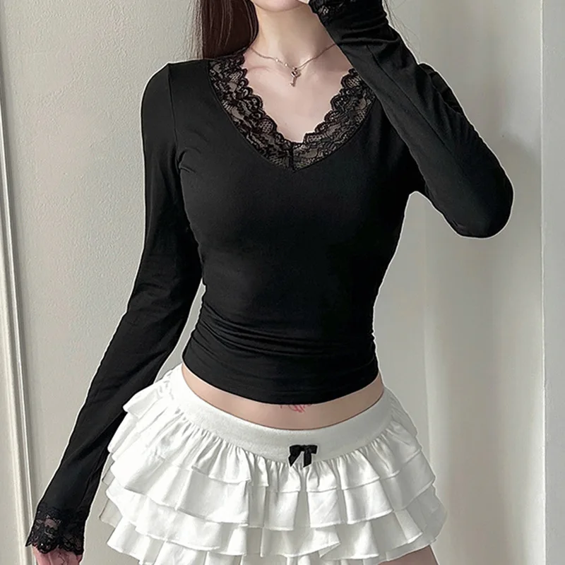 

Women's Autumn Spring Top Sexy Lace Patchwork Long-sleeved T-shirt V-neck Solid Colour Slim-fit Comfortable Casual Fashionable