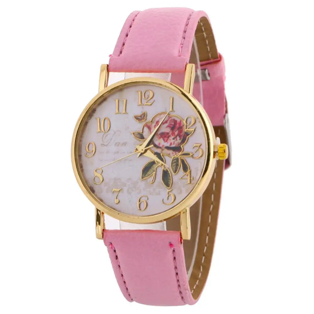 Women's Wristwatch Watches For Woman Arabic Number Rose Flower Round Dial Faux Leather Band Quartz Wrist Watch Women Watch