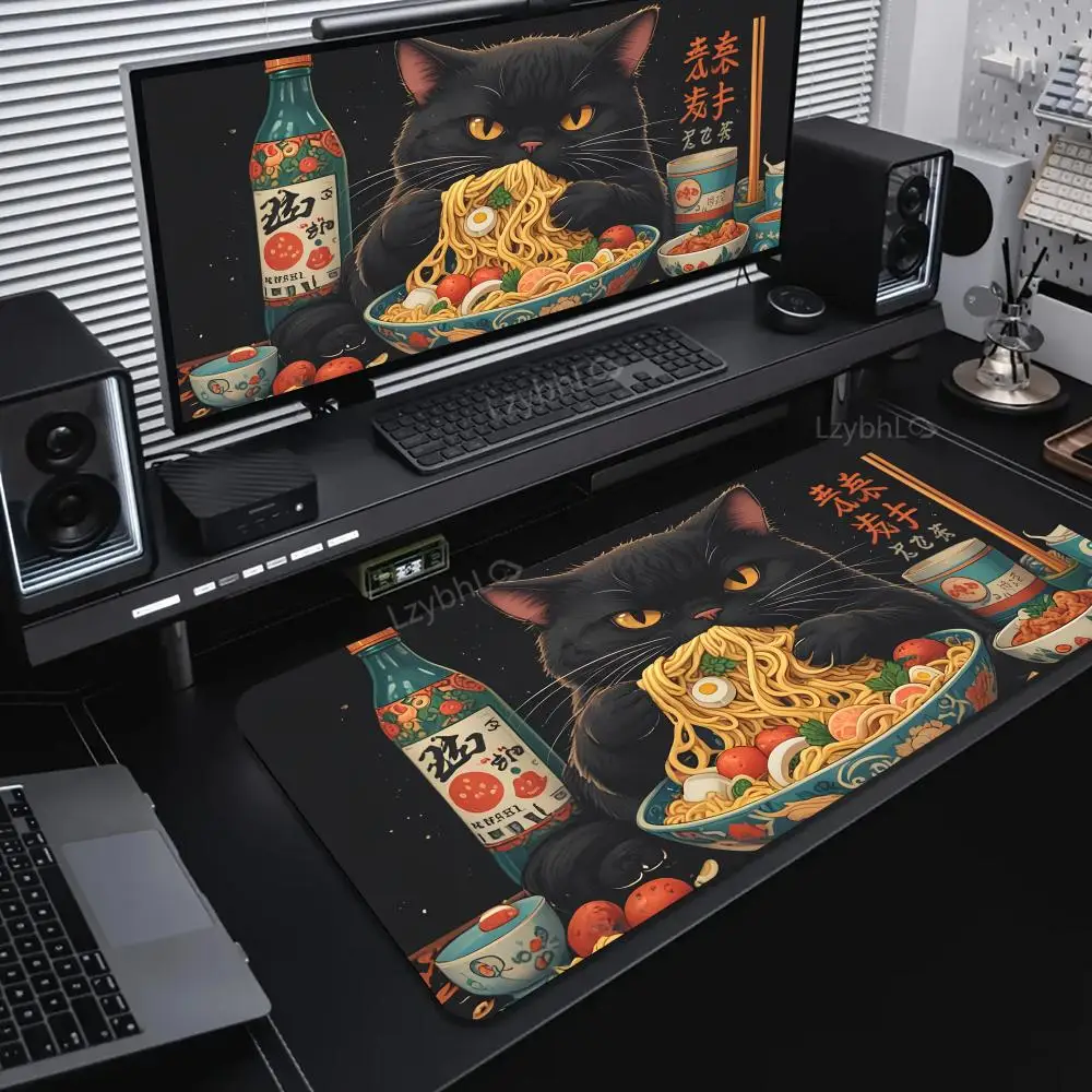 

Коврик для мыши Black Cat Eating Noodles 90x40 см, большой коврик для компьютерного офисного игрового стола XXL, резиновый нескользящий игровой коврик для клавиатуры и мыши