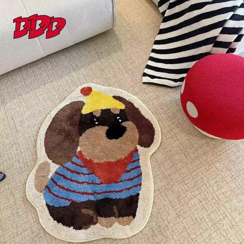 Christmas Decorative Plush Carpet DDD Cartoon Little Dog Flocking Mat Children's Room Cute Dog Shaped Bedside Rug Anti-Slip
