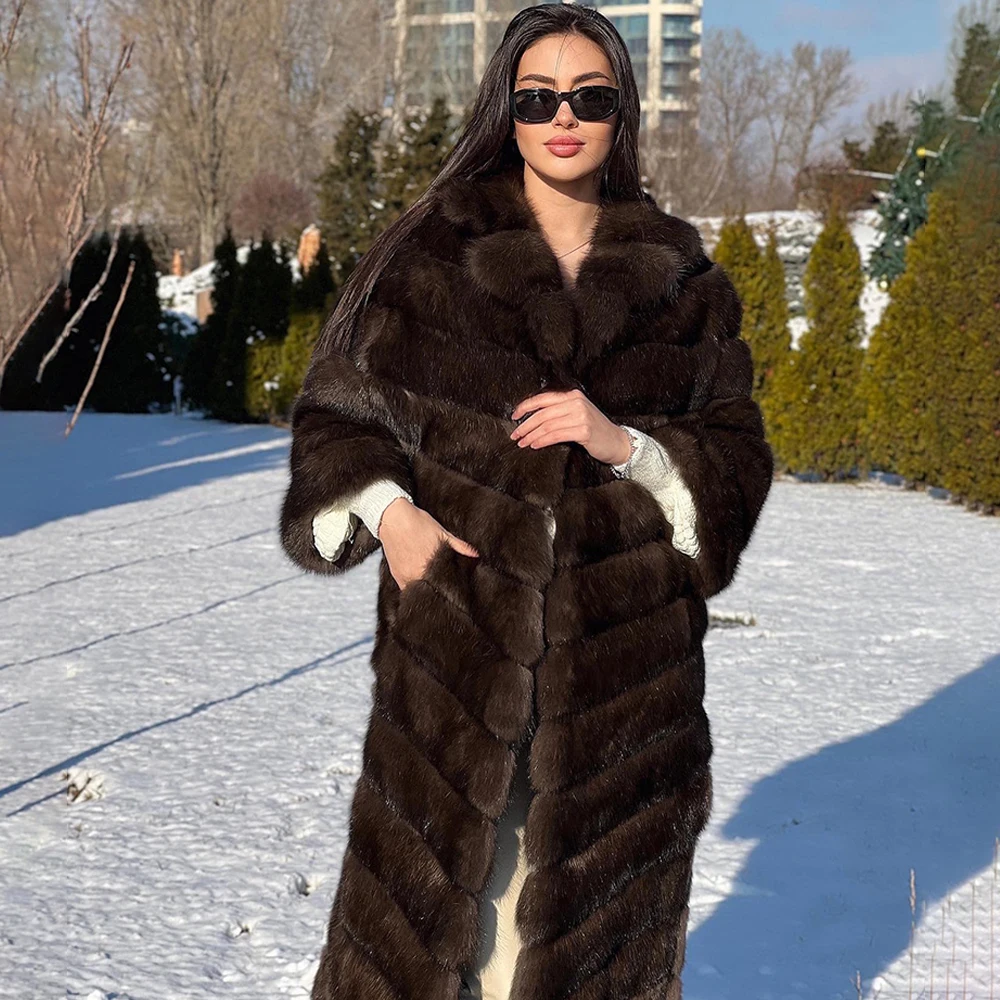 Fashion Long Real Fox Fur Coat Dark Sable Color Full Pelt Genuine Fox Fur Jacket with Lapel Colla Winter Woman Thick Fur Outwear