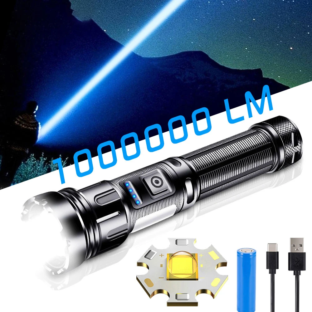 800 Meters Long Throw LED Flashlight COB Work Light USB Rechargeable Spotlights 1000000 Lumens White LED Tactical Flashlights