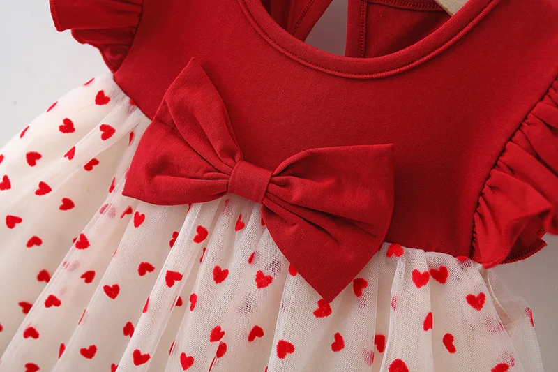 0-3 Y Kinder Sommer Kleine Fliegende Ärmel Kleid Schöne Herz Kinder Kleidung Süße Schleife Baby Mädchen Prinzessin Geburtstag party Kleider – Detail 5