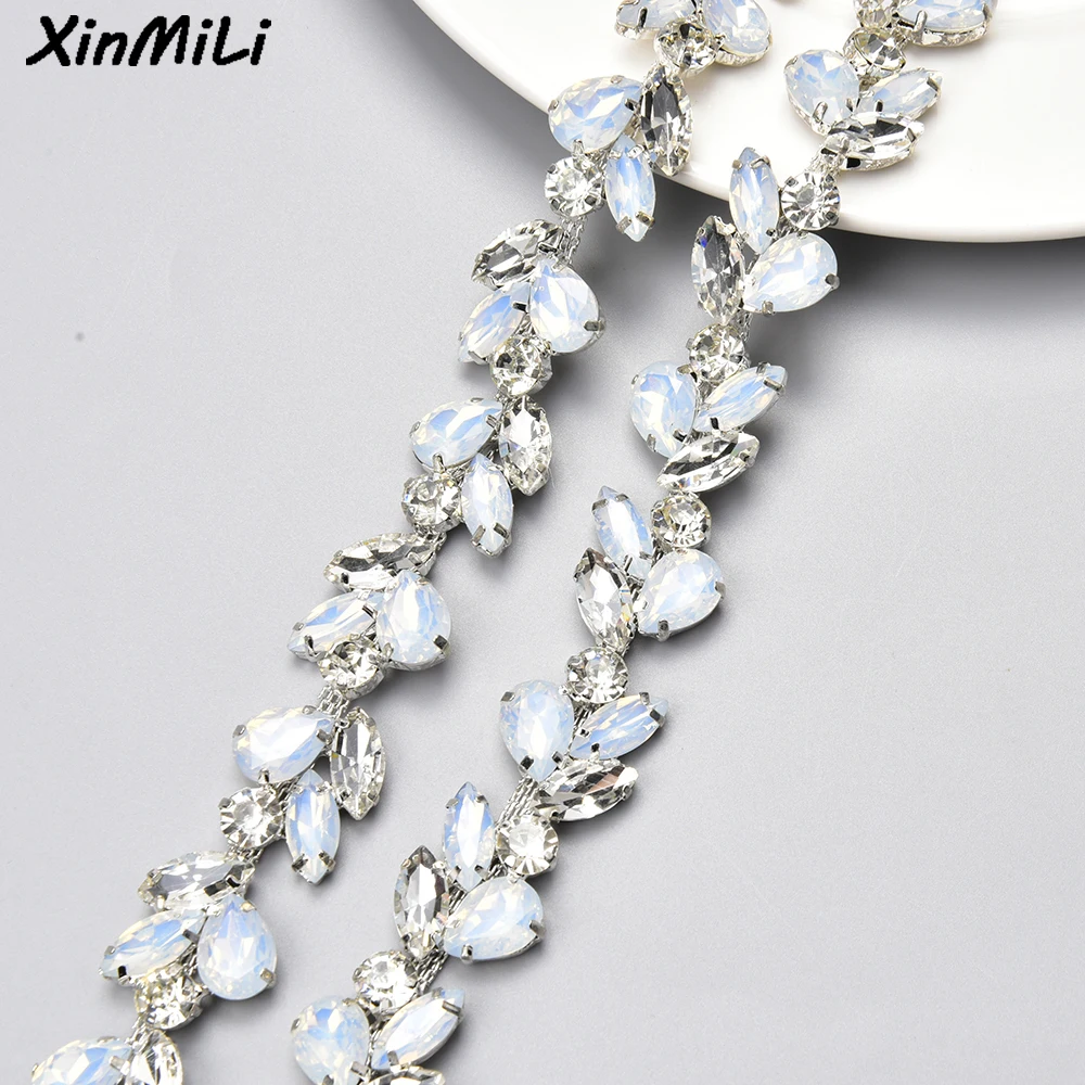 2cm Width Gold Silver Base Leaf Glass Rhinestone Trim Sew on Strass Crystal Flower Chain Dress Belt Shoes Applique Accessories