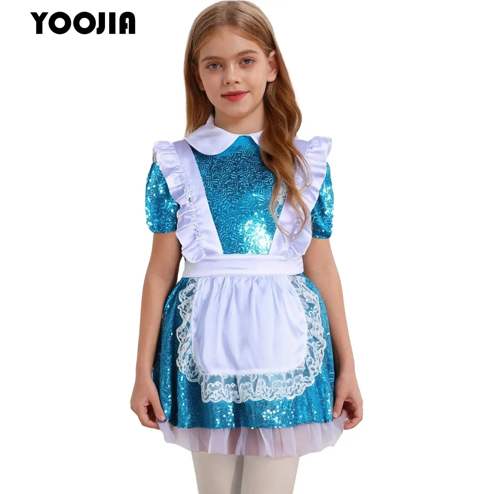 

Halloween Wonderland Party Costume Kids Girl Princess Shiny Blue Sequins Puffy Sleeve Dress with Lace Ruffled Apron Fancy Outfit