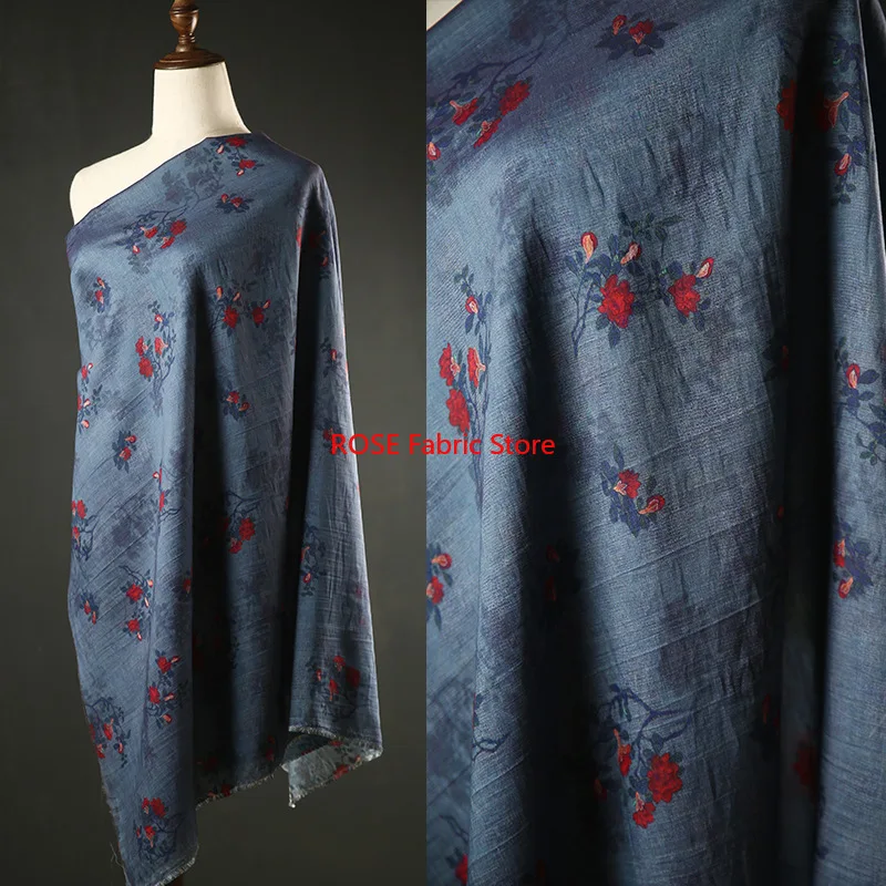 1 Meter Soft Thin Floral Printed Linen Fabric Summer Dress Hanfu Shirt Handmade Sewing Fabric