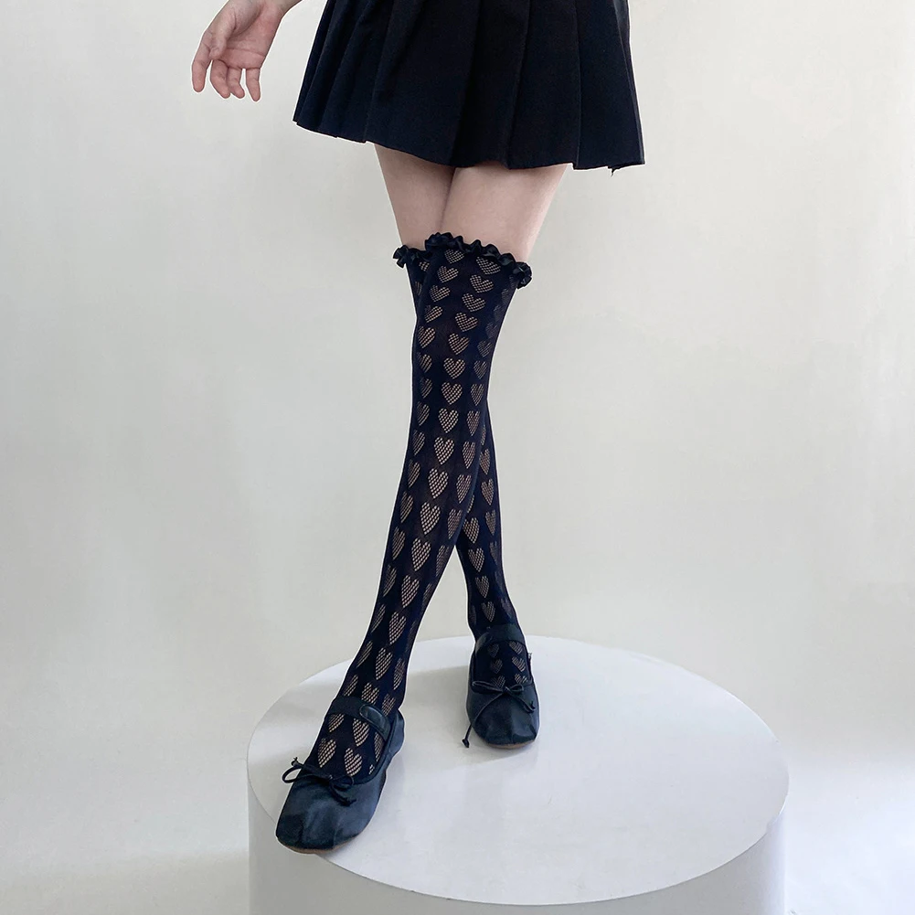 Y2k lolita Socken für Frauen Mädchen Vintage schwarze hohle Herz Strümpfe über Knie jk Oberschenkel hohe Socken Schüler Socken