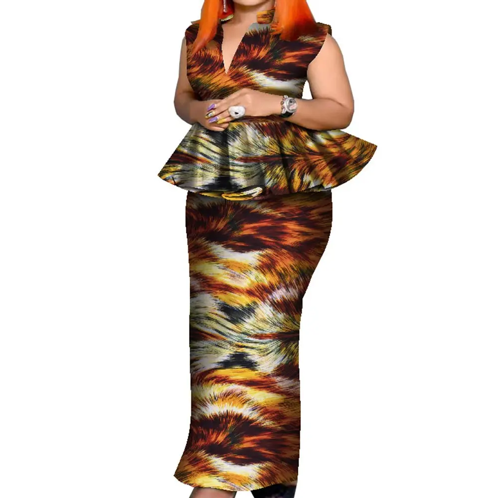 African Outfits Women 2 Pcs Set African Print Sleeveless Blouse and Long Skirt Women Suit Plus Size African Clothes WY8049