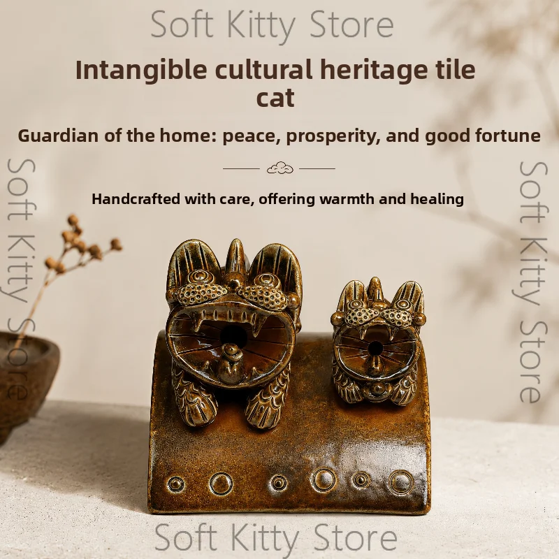 Yunnan tile cat pure handmade intangible cultural heritage ceramic ornament Guochao ugly cute desktop auspicious decoration