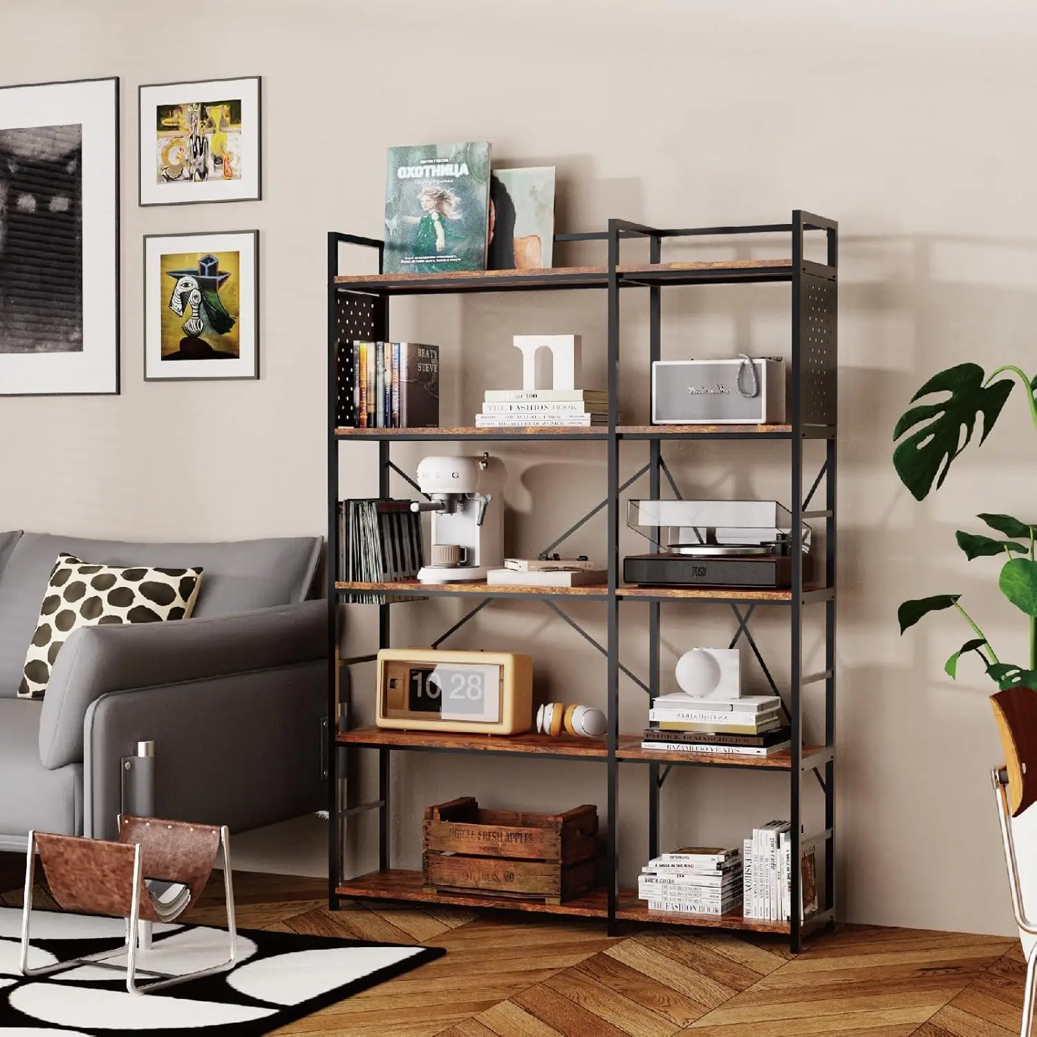 Redlife Convertible 5 Tier Bookshelf Convertible Industrial Corner Bookcases with Metal Frame & Storage Pegboard for Home Office