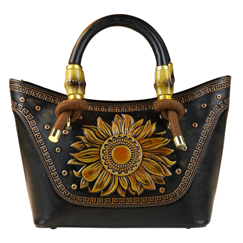 

Vintage Women Leather Handbag 3D Floral Pattern Female Tote Bag Black Fashion Ladies Shoulder or Crossbody Bags