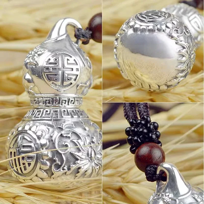 925 Silver Stereoscopic Glossy Gourd Pendant Chinese Style Carved Lotus Flower Couple Necklace Can Open Classic Charms Jewelry