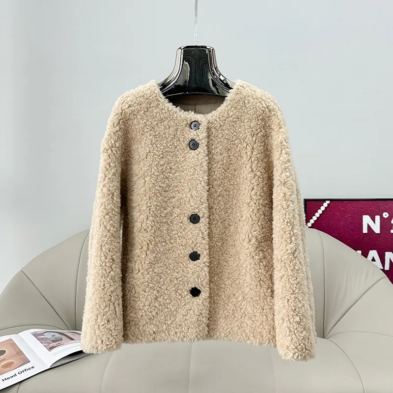 معطف فرو خروف قصير برقبة دائرية للنساء لخريف وشتاء 2025 جاكيت شيرلينغ دافئ جديد PT509