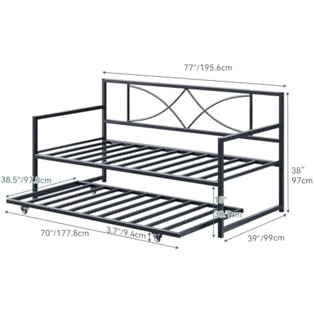 YITAHOME Twin Daybed with Pull Out Trundle, Metal Day Bed with Adjustable Height, Twin Size Mattress Foundation with Steel Slat