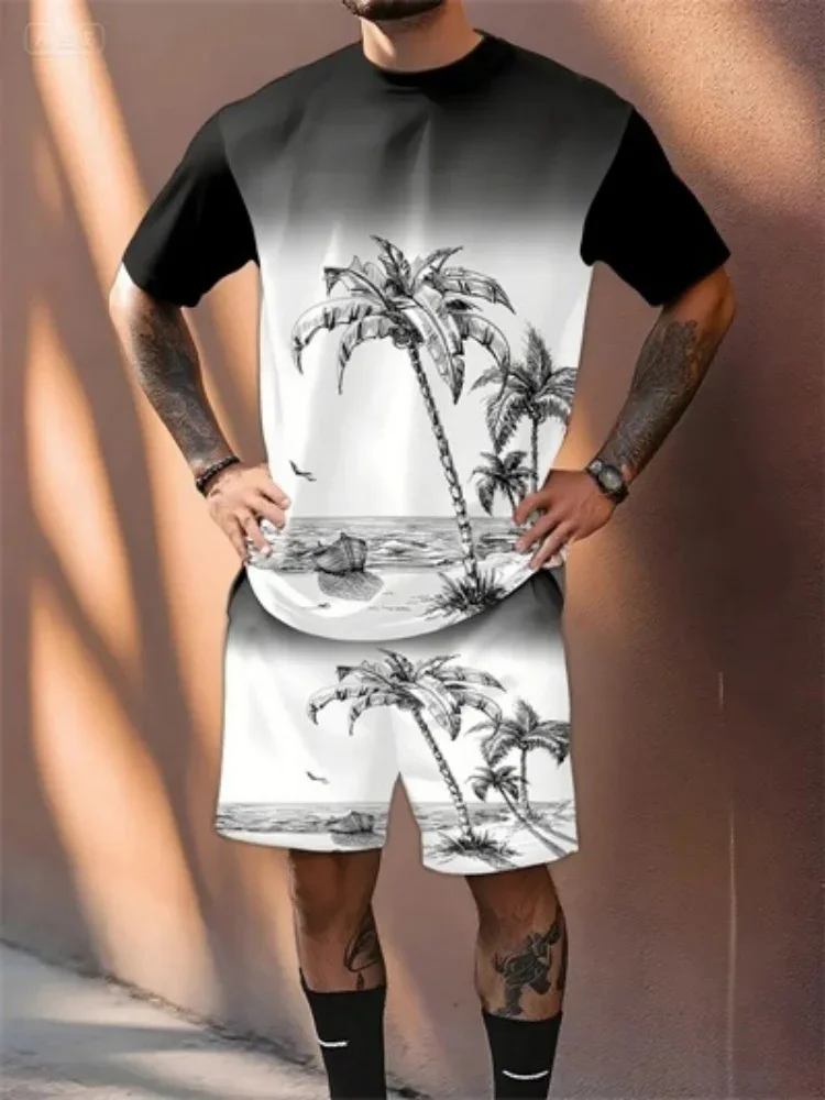 

New Men's Hawaiian Two-Piece Set Beach Coconut Tree Print Crew Neck Short Sleeve Shirt Drawstring Shorts Casual Vacation Outfit