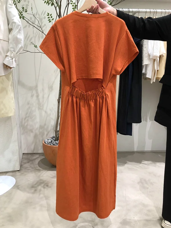 

Pure Color Design Hollow out Back Elastic Waist Short Sleeve Dress Korean Style round Neck A-Line Skirt Polyester Cotton Blend