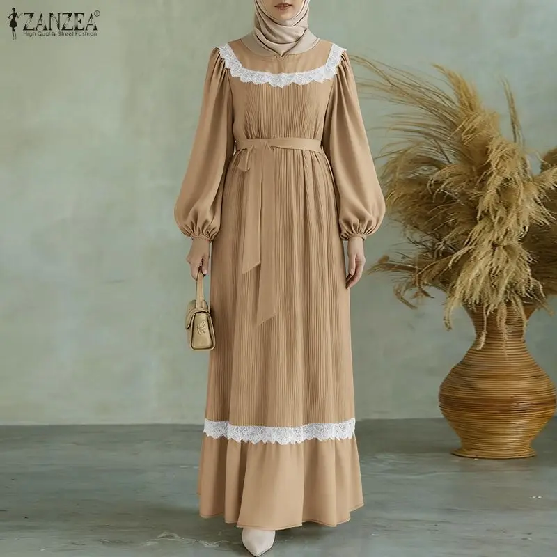 2026 ZANZEA Elegant Muslim Abaya Spring Lace Patchwork Dresses Women Elegant Long Sleeve Pleated Sundress Kaftan Ramadan Robe 4