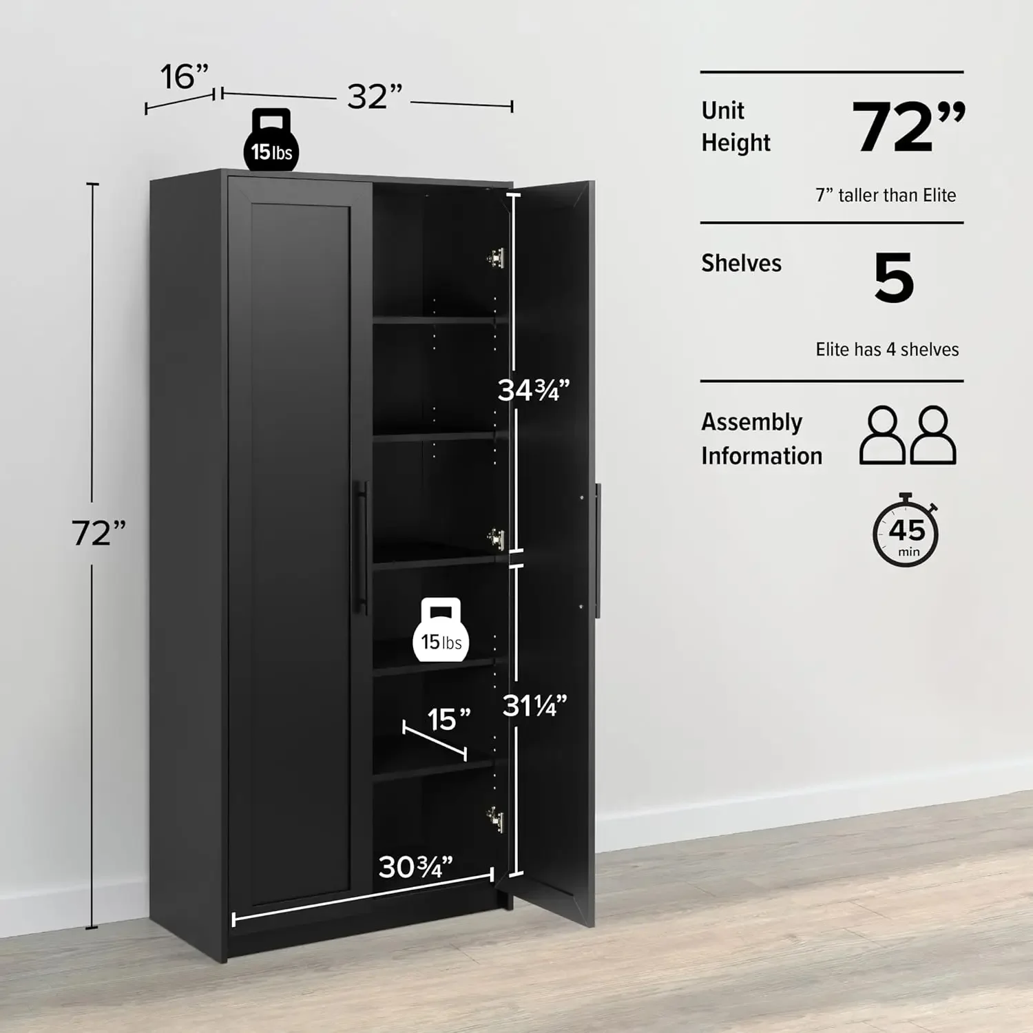 Elite Premium Black Pantry Cabinet, Home Doors, Banheiro Storage, 5 Prateleiras, 16 "D x 32" W x 72 "H