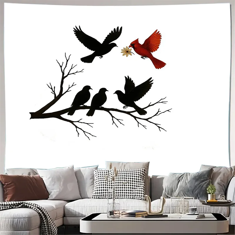 Tapiz natural para colgar en la pared de pájaros del bosque, decoración bohemia para el hogar, tapiz estético para habitación, arte de rama de árbol Vintage