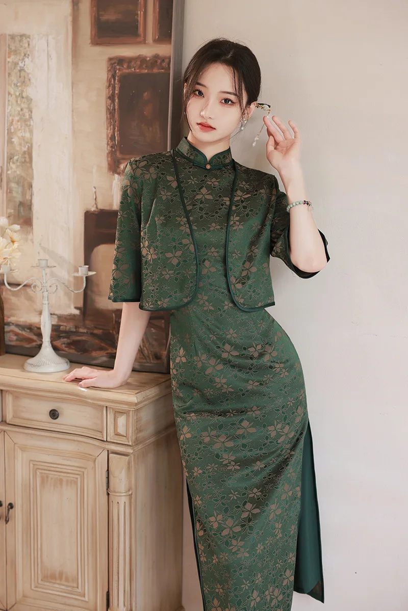 Sexy Slim Fit Long Qipao Autumn Cheongsam Set Shawl Two Piece Fashion Printing Elegant Temperament Chinese Traditional Dress