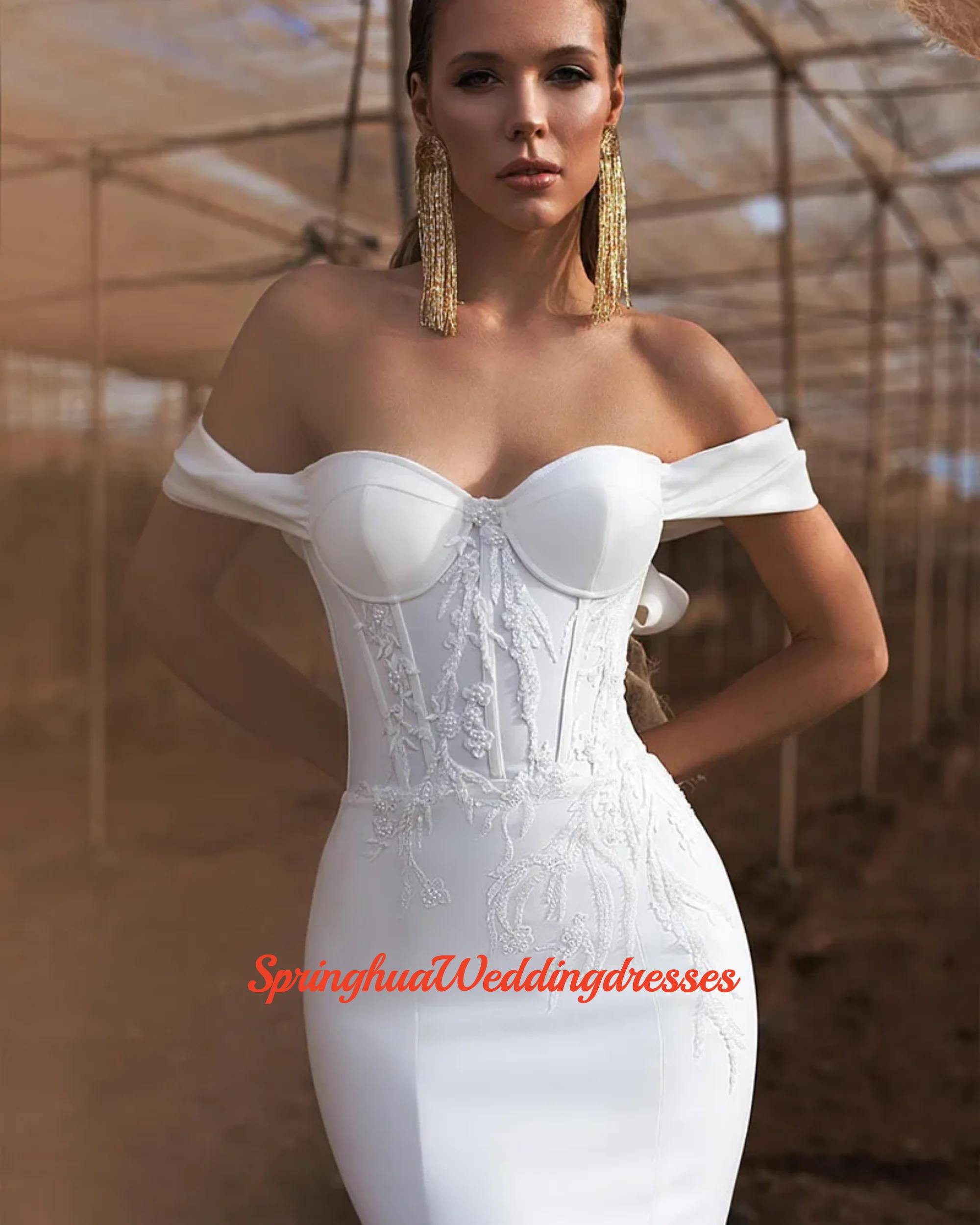 Customzied Elegant Mermaid Sweetheart Wedding Dresses Women Lace Applique Off The Shoulder Crepe Bridal Gown Vestidos De Novia